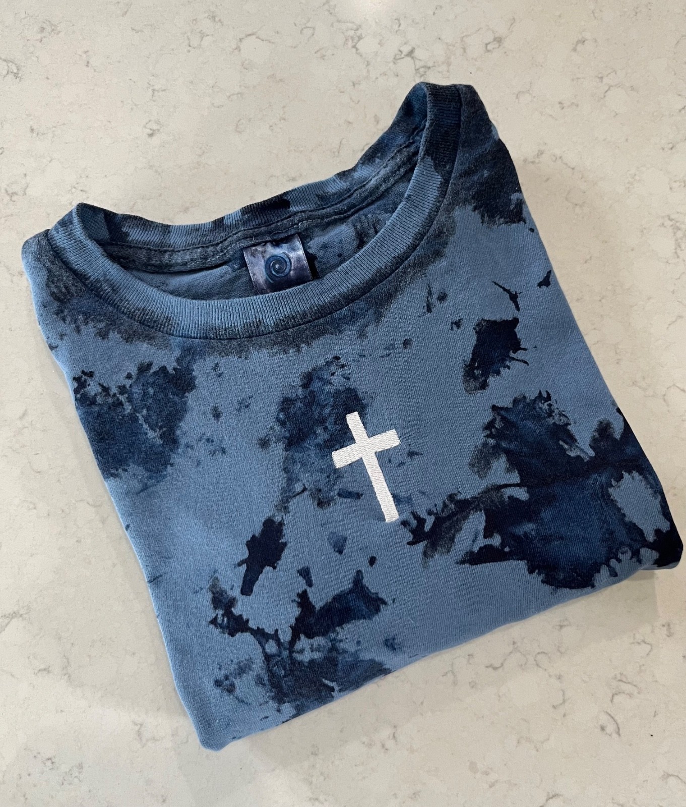 Ice washed tie dye cross T-shirt. Cross embroidery. Christian shirt.