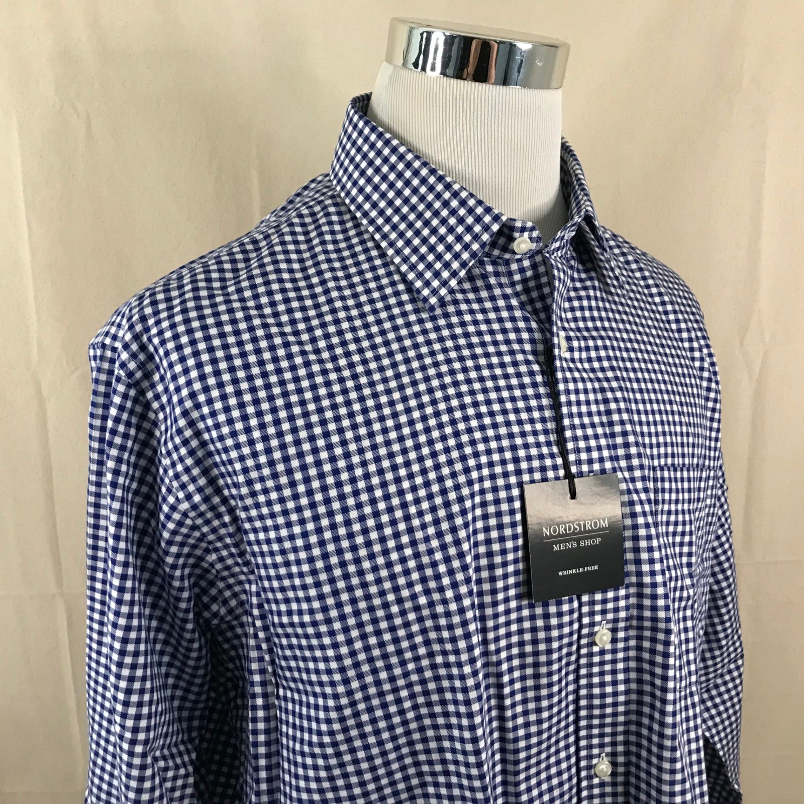 NEW Nordstrom 17.5 33 Traditional Fit Dress Shirt Blue Gingham Smartcare Mens