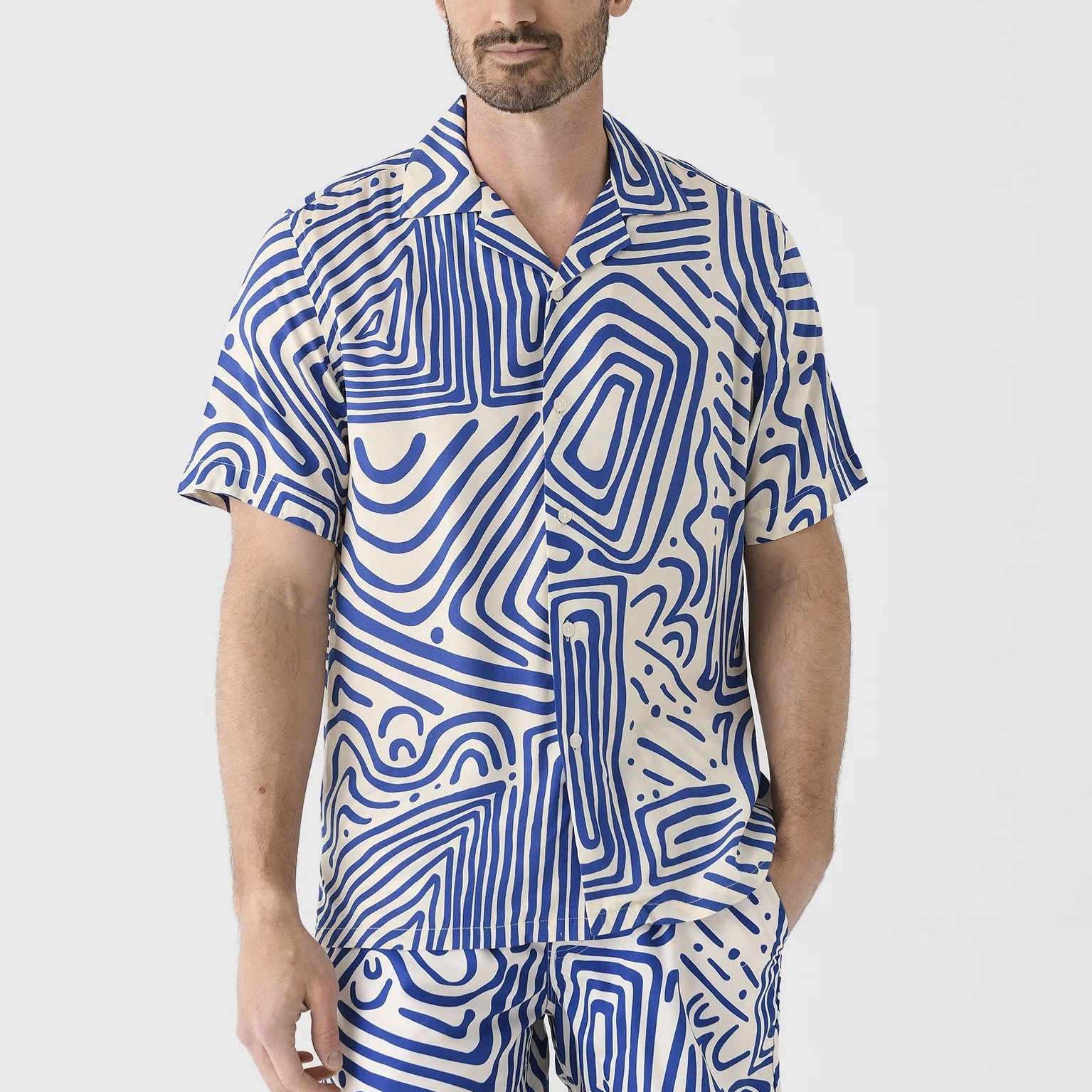 OAS Eldovado Viscose Short Sleeve Blue Print Ivory Button Up Camp Shirt L NEW