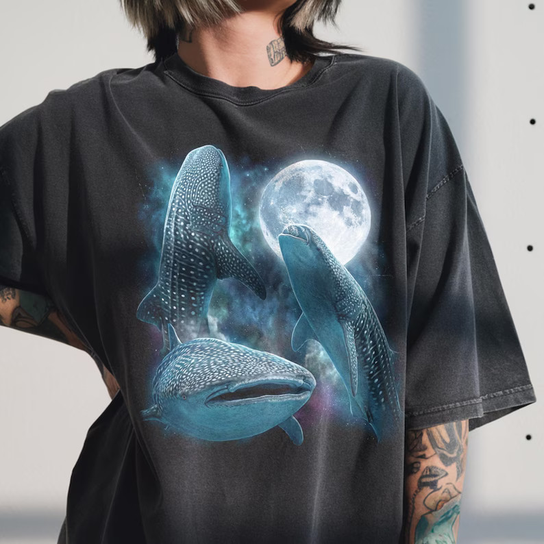 Three Whale Shark Moon Ocean Marine Sea Graphic Comfort Tee