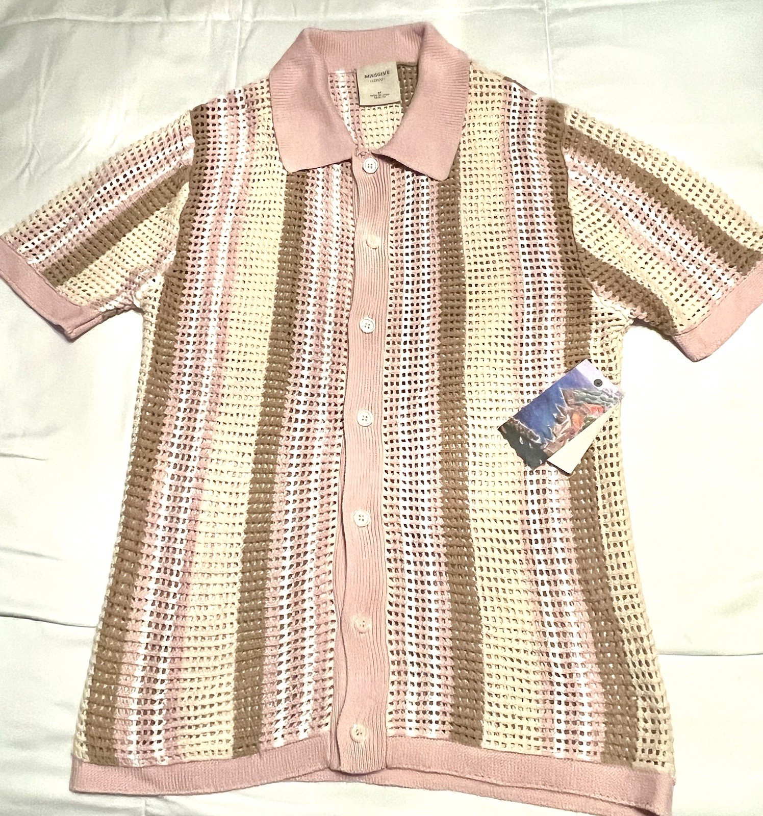 NWT MASSIVE LUXURY Pink, Cream, & Pink Crochet Striped Polo-100% Cotton-Medium