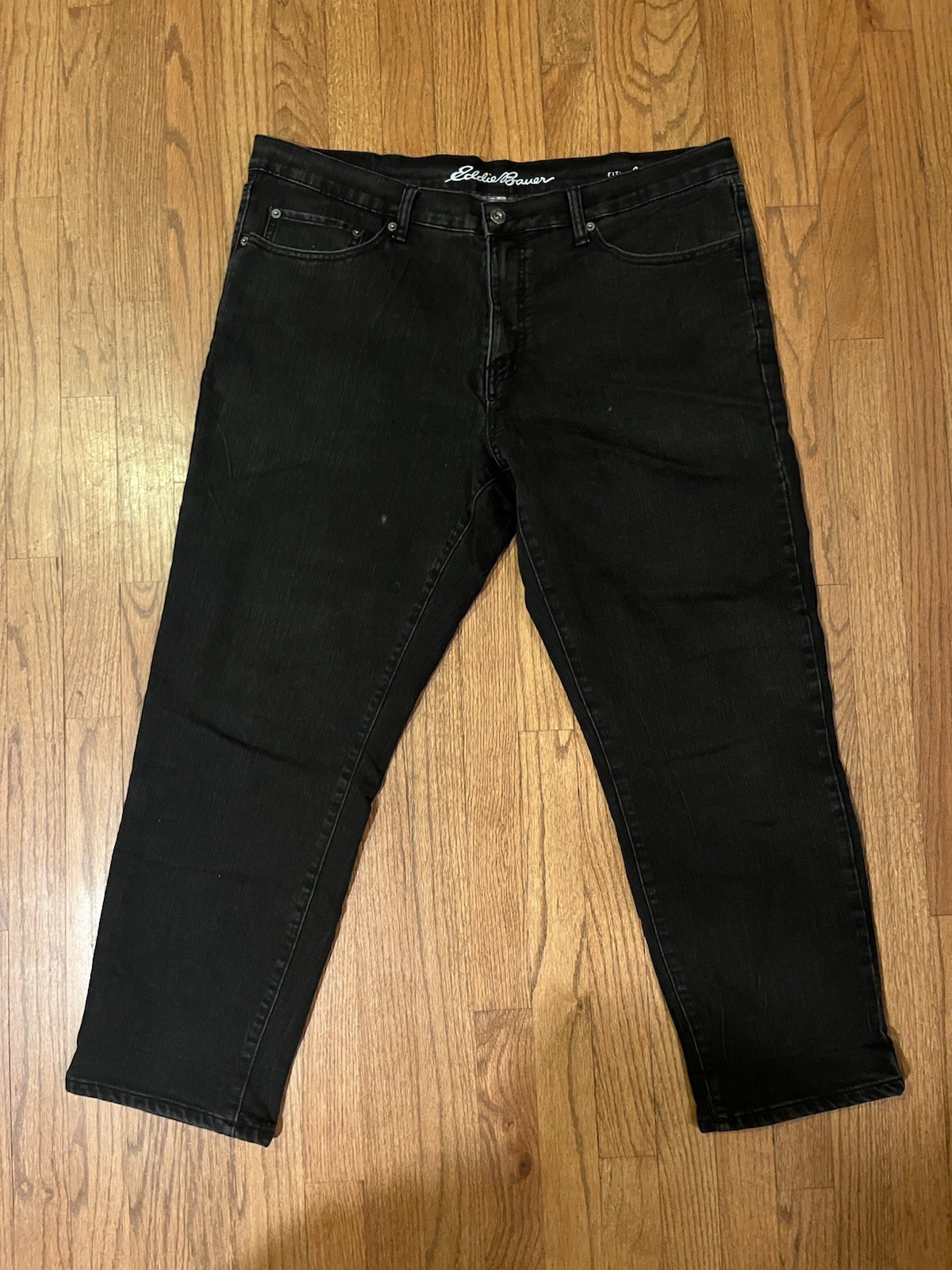 Eddie Bauer Jeans Men’s 38×30 Black Denim Flannel Lined Flat Front Straight Leg