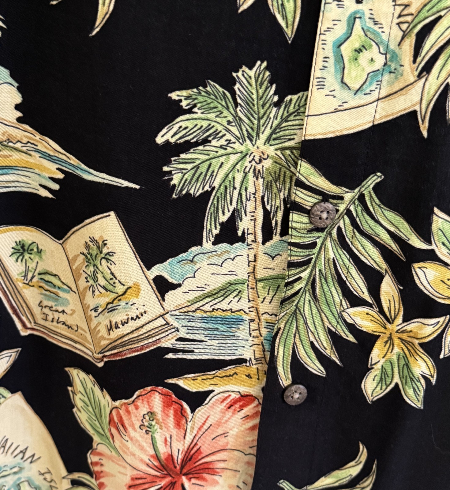 Hawaiian Shirt Men’s Black w/multicolor print by Batick Bay, Easy Care, XXL