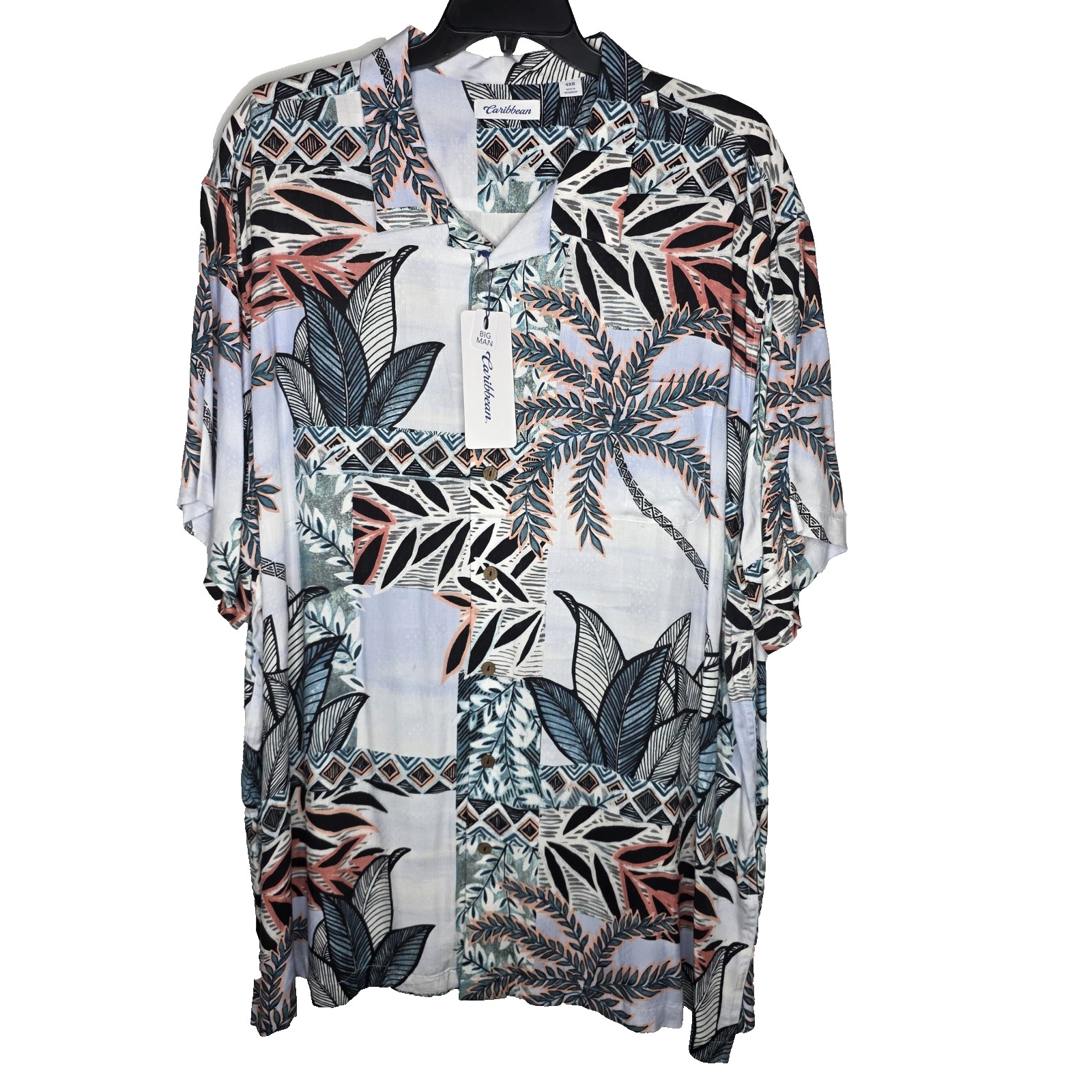 Caribbean Mens 4XB Multicolor White Floral Palm Print Short Sleeve Shirt Button