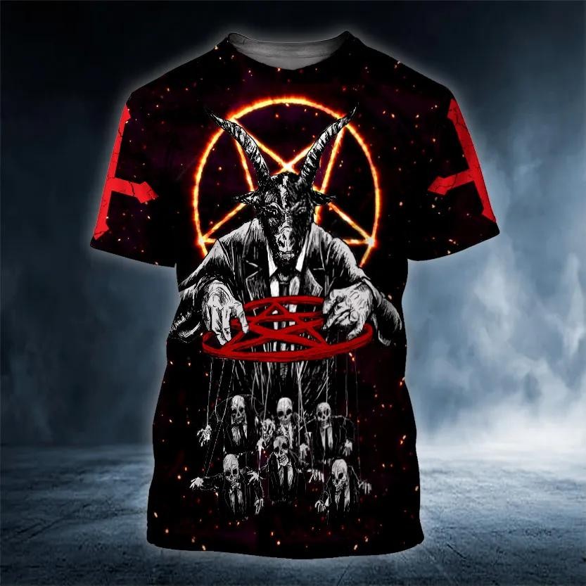 Horned Demon Hunt Skull 3D T-Shirt Gothic Graphic Novelty Biker Gift for Men