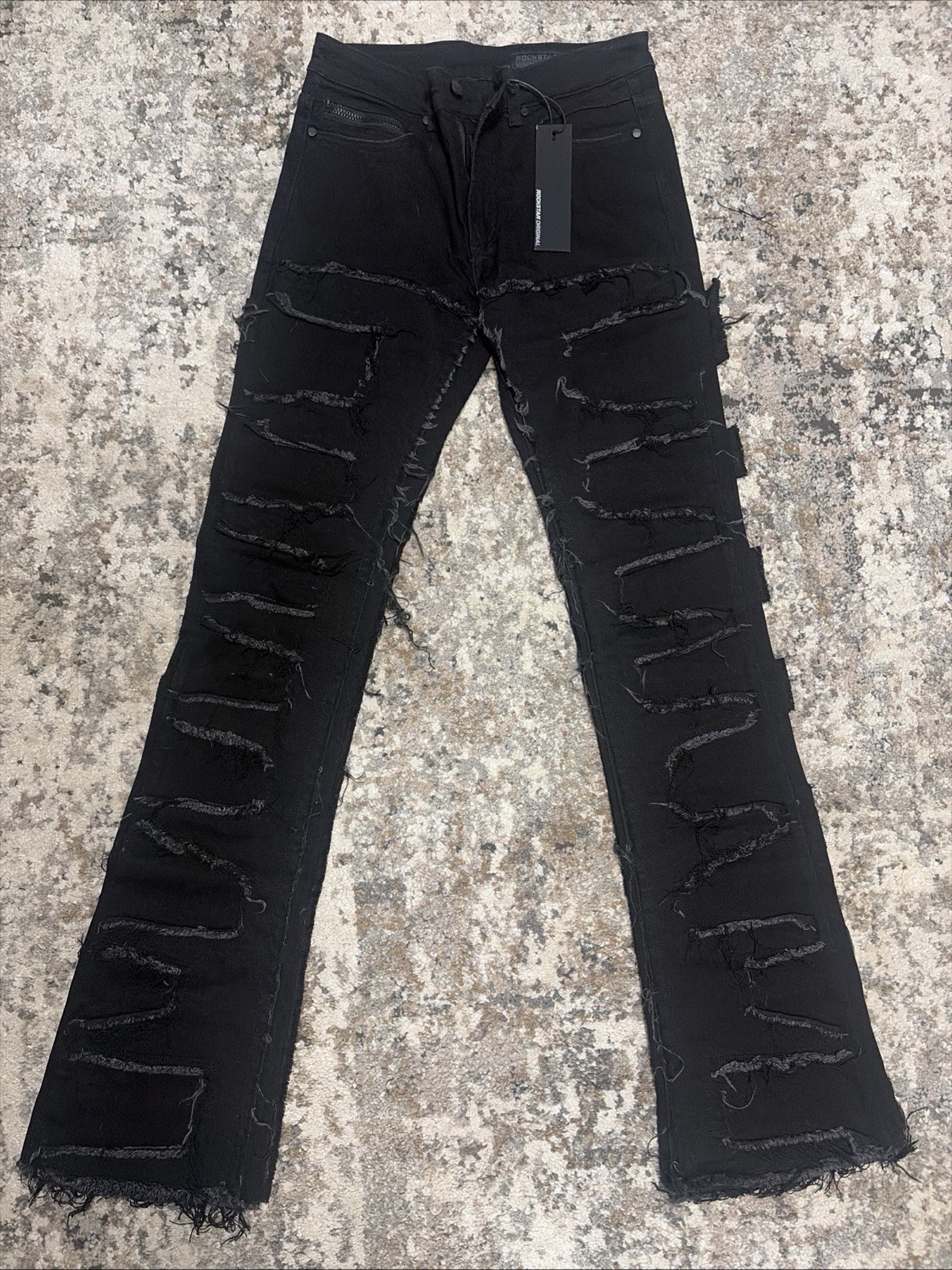 Rockstar Original Distressed Shake Black Stacked Flare Jean Men’s Size 28 NWT