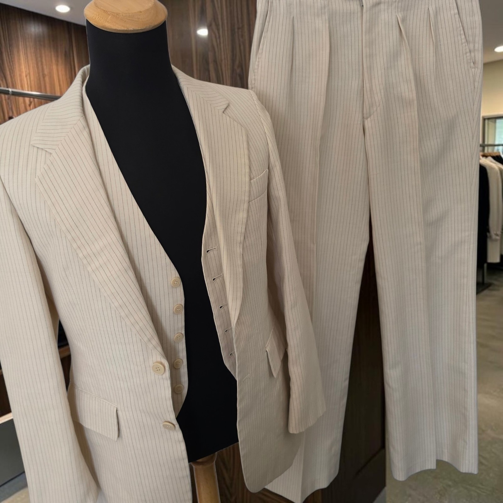 Vtg 1970s 3 Piece Suit 36L 30×31 Flare Leg Wide Lapel Off White Made In Korea