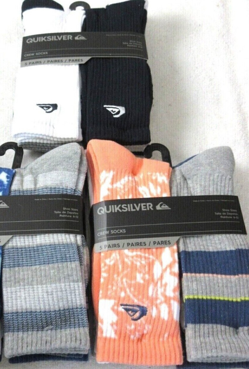 Quiksilver Men’s Crew Length socks lot of 5 pairs Size 6-12 NWT Ships Free
