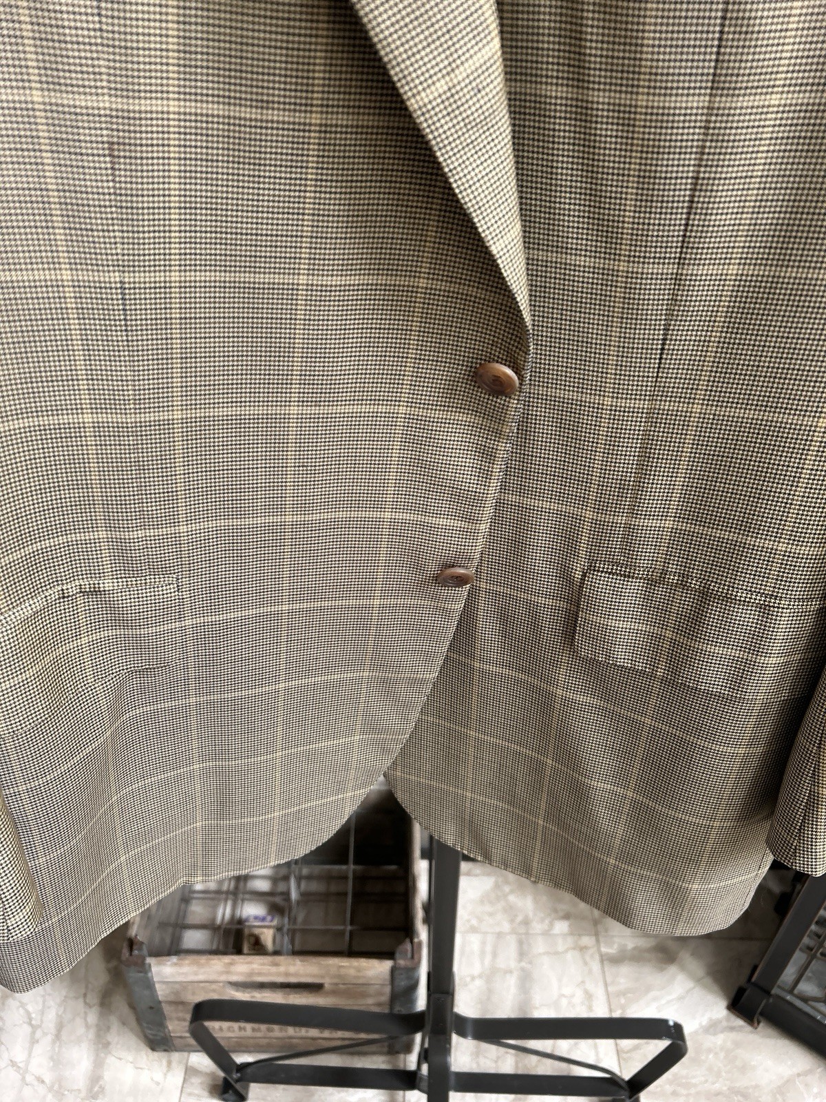 KITON men’s super 180’s sport jacket coat tan brown & blue check plaid US 48R