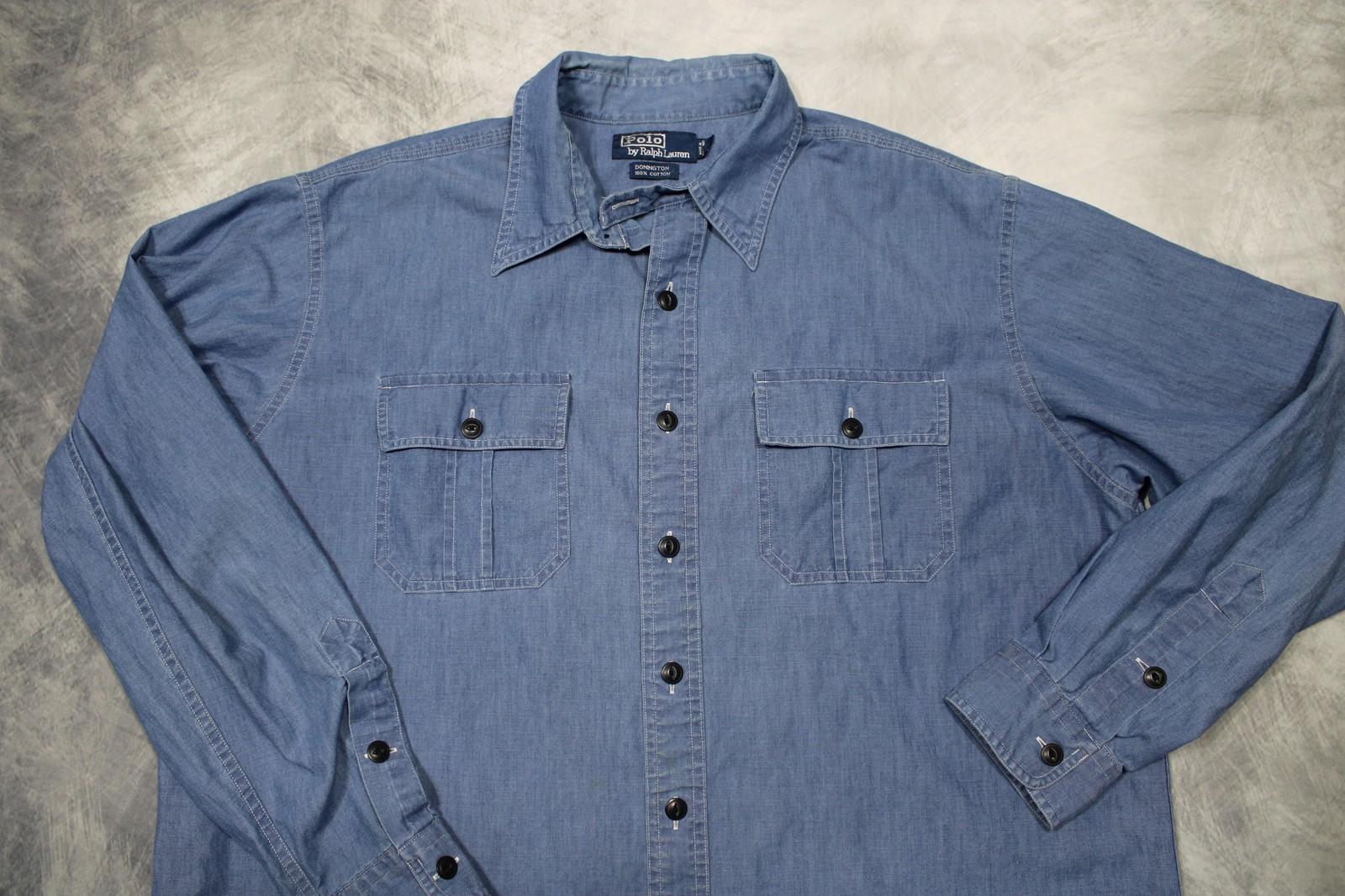 Vintage Polo Ralph Lauren Chin Strap Donington Button Up Sz L 90s Blue Chambray