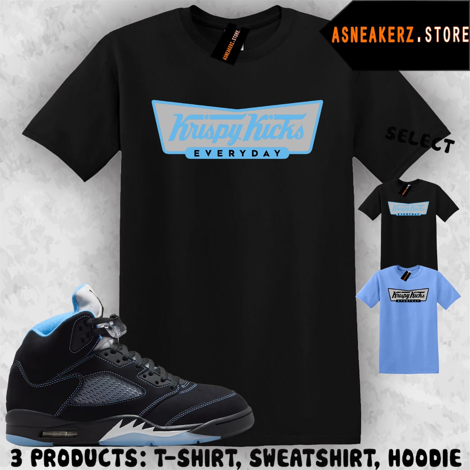 Tee Shirt Matching AJ 5 Black UNC Blue 2026 Match Sneaker Krispy Kicks T-Shirt