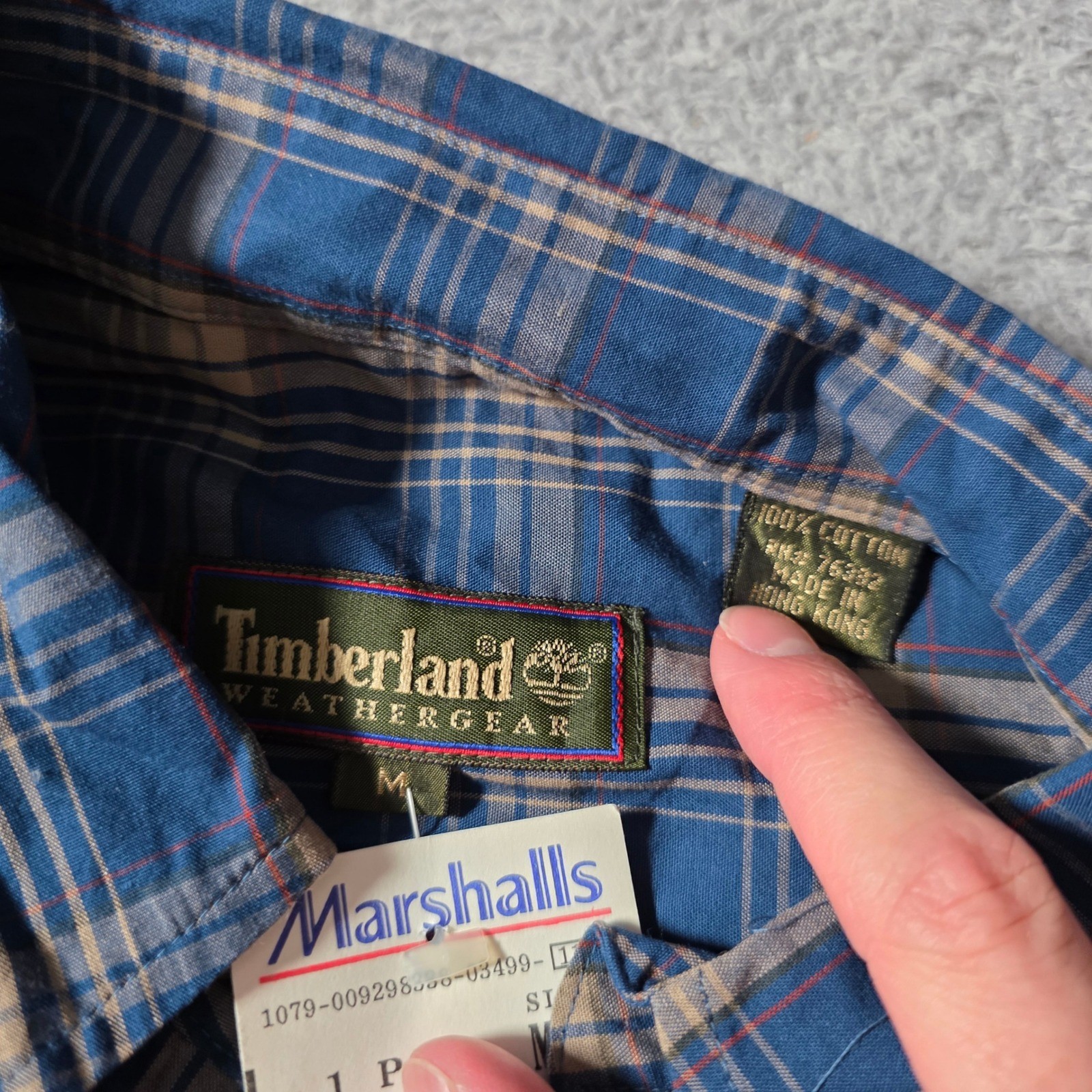 Timberland Mens M Button Down Shirt Blue Plaid Weathergear Cotton Long Sleeve