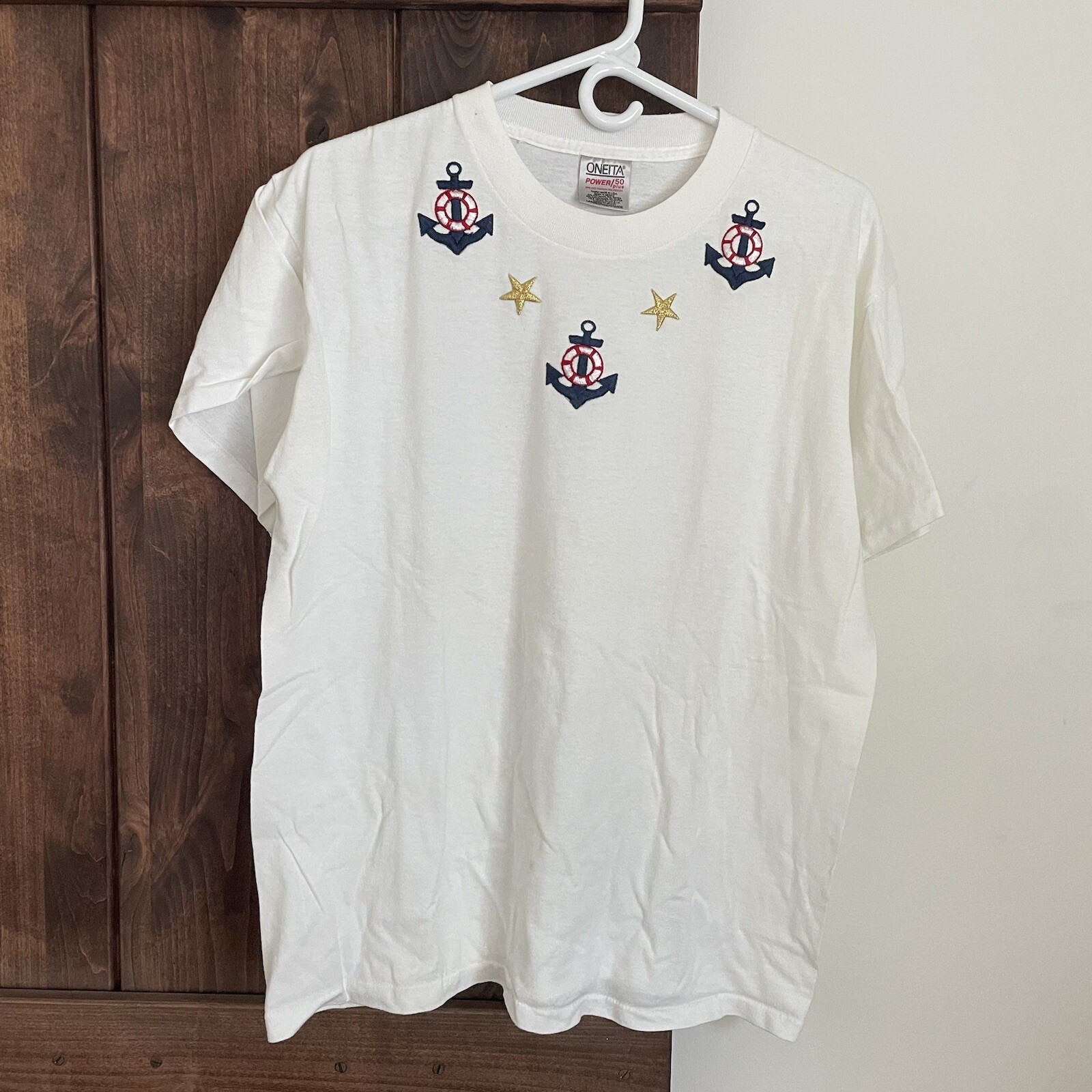 VTG 90s Single Stitch Nautical Tshirt Large USA embroidered Tee Oneita anchor
