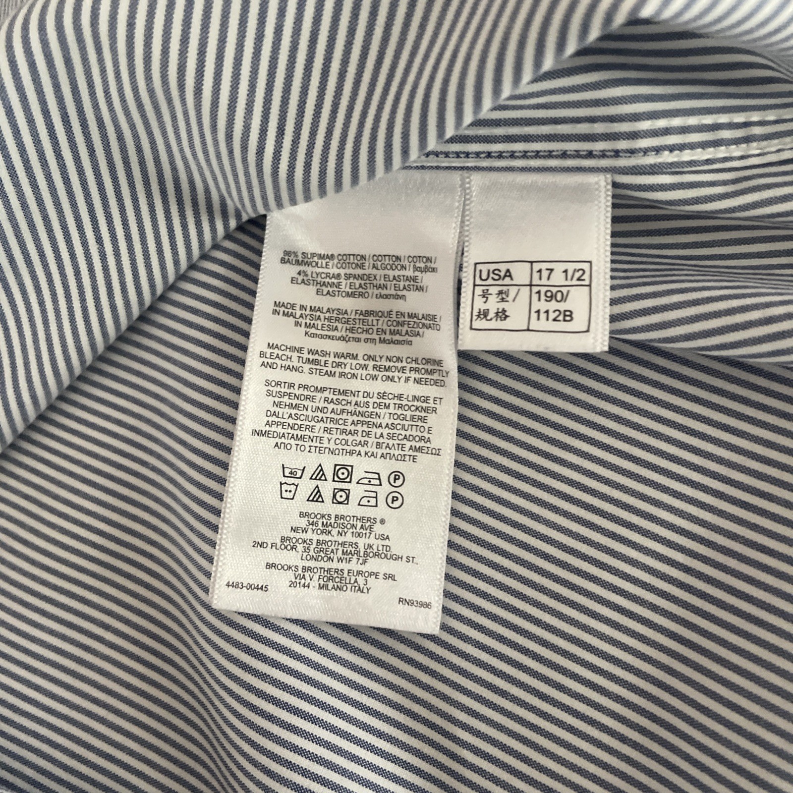 Brooks Brothers Dress Shirt Mens 17.5 37 Blue White Stripe Madison Supima Cotton