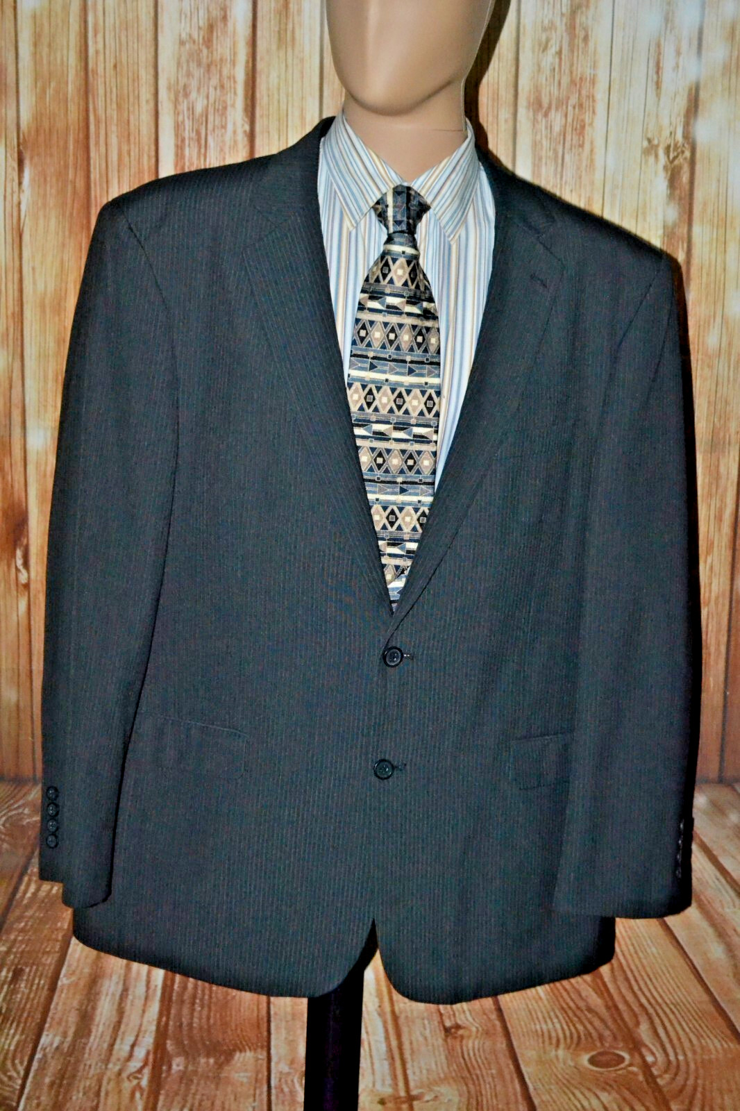 Stafford Men Black Stripes Polyester Viscose 2 Button Suit Sz 50R Wst 46×30