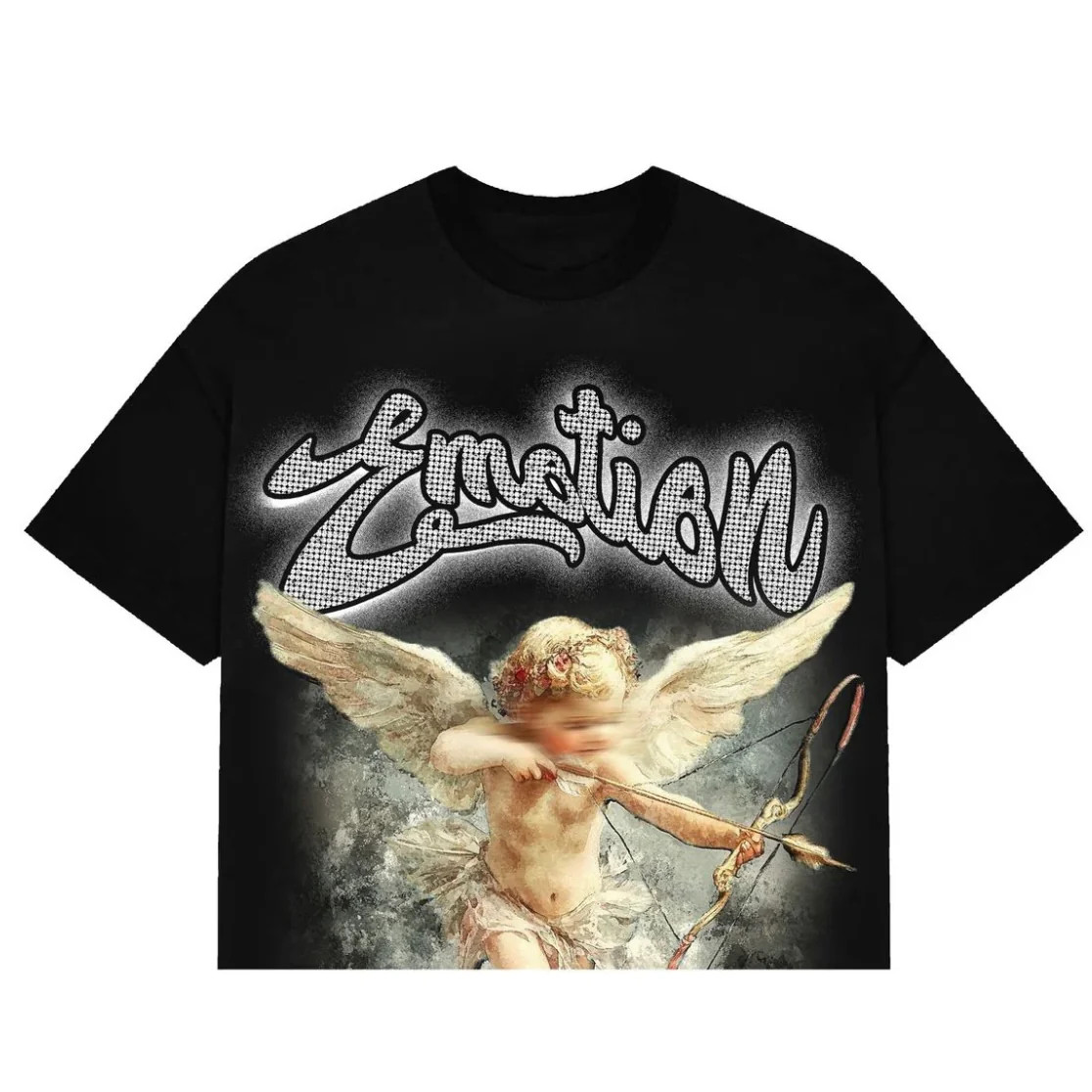 MIXED EMOTIONS ANGEL CUPID RHINESTONE BLACK TEE Size Medium