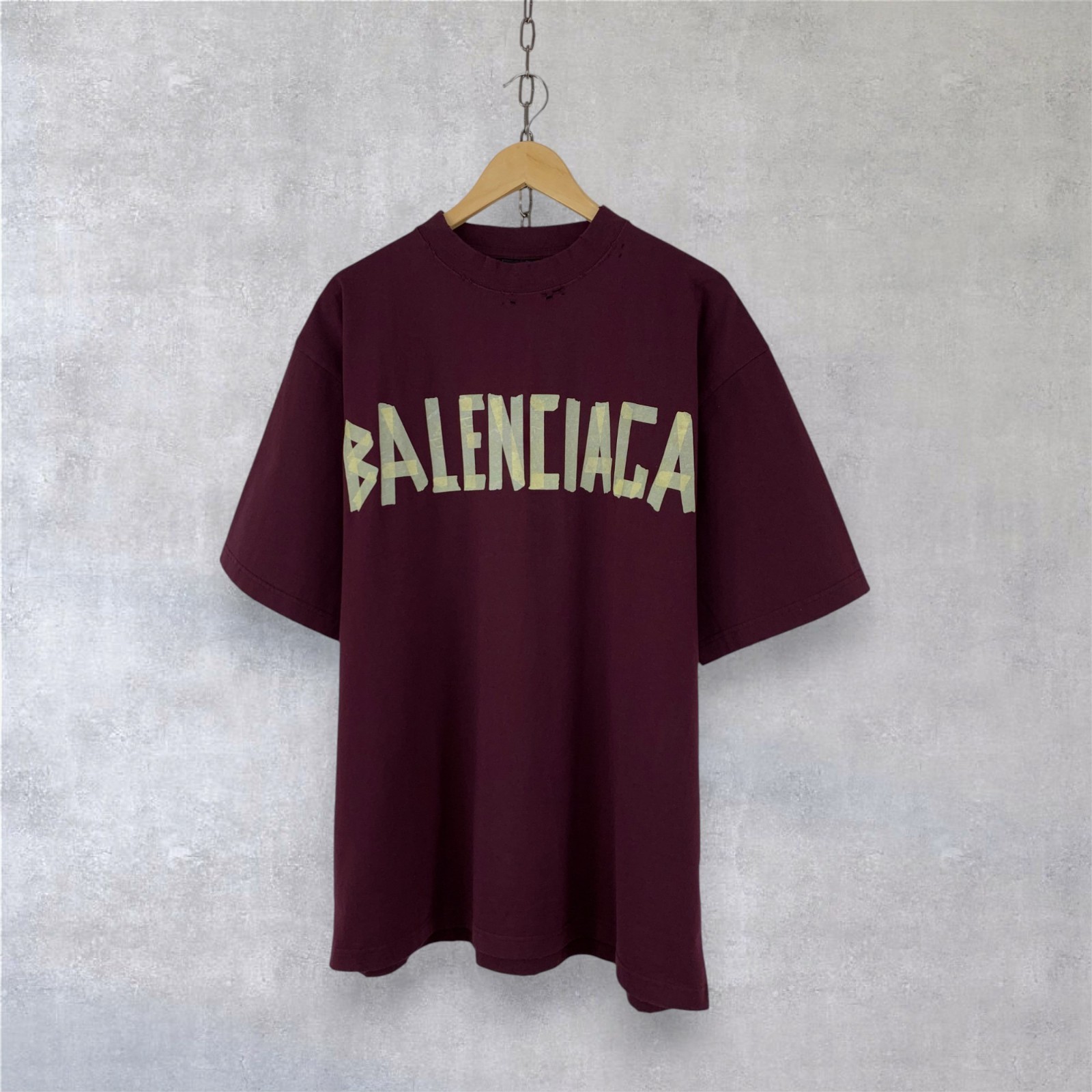 Balenciaga Tape Type Logo Cotton Crewneck Short Sleeve Burgundy T-shirt Size M