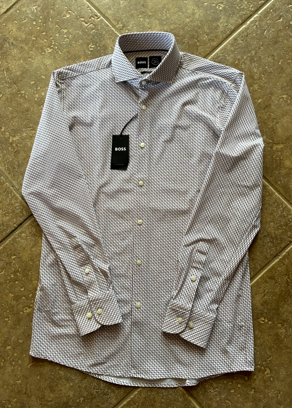 Hugo Boss Max Sharp Fit Performance Dress Shirt 16 34/35 Brown Geo $149 NWT
