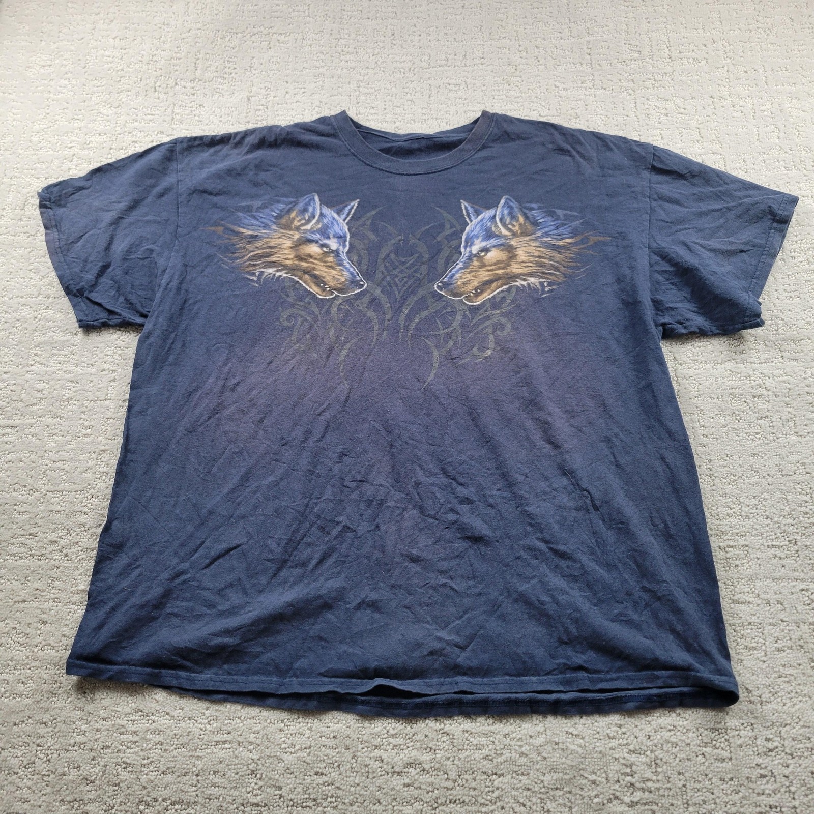 Grey Wolf Shirt Mens XL Blue Tribal Wolf Heads Graphic Tee Relaxed Cotton