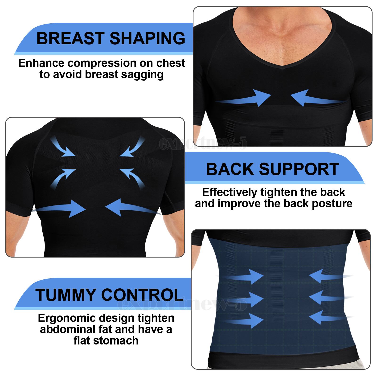 V-Neck Compression Posture Corrector T-shirt Men Body Slimming Tummy Body Shaper
