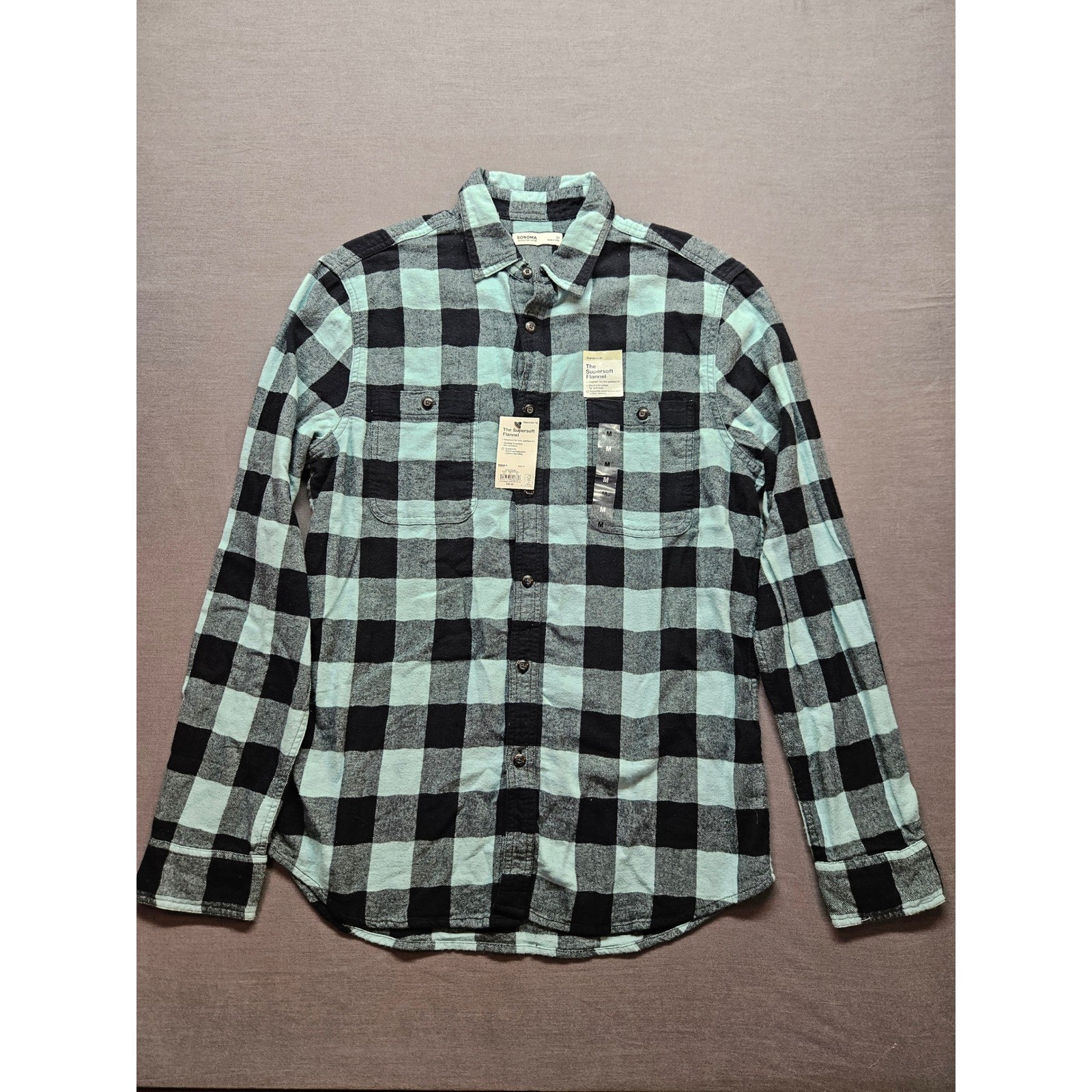 Sonoma Supersoft Flannel Shirt Mens Medium Mint Green Black Buffalo Plaid NWT