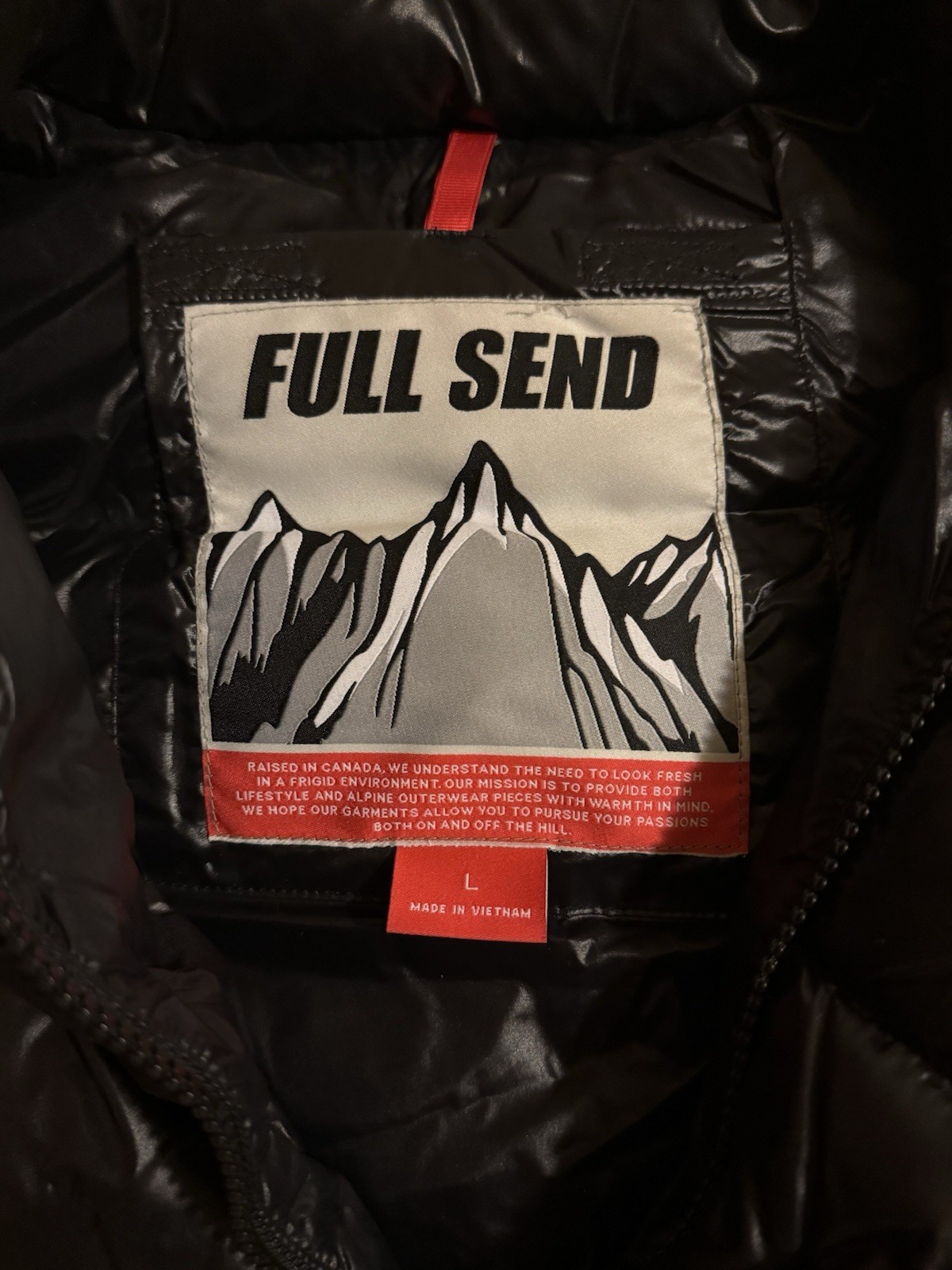 FULL SEND Men’s Black Down Puffer Vest L Full Zip Snap Stand-Up Collar Pockets