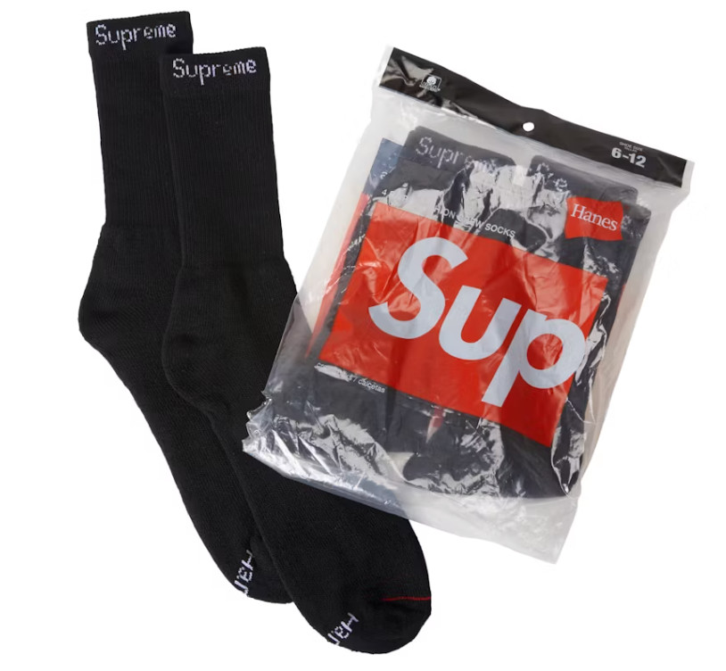 NEW Supreme Hanes Crew Socks Black 4 Pack, Shoe Size 6-12