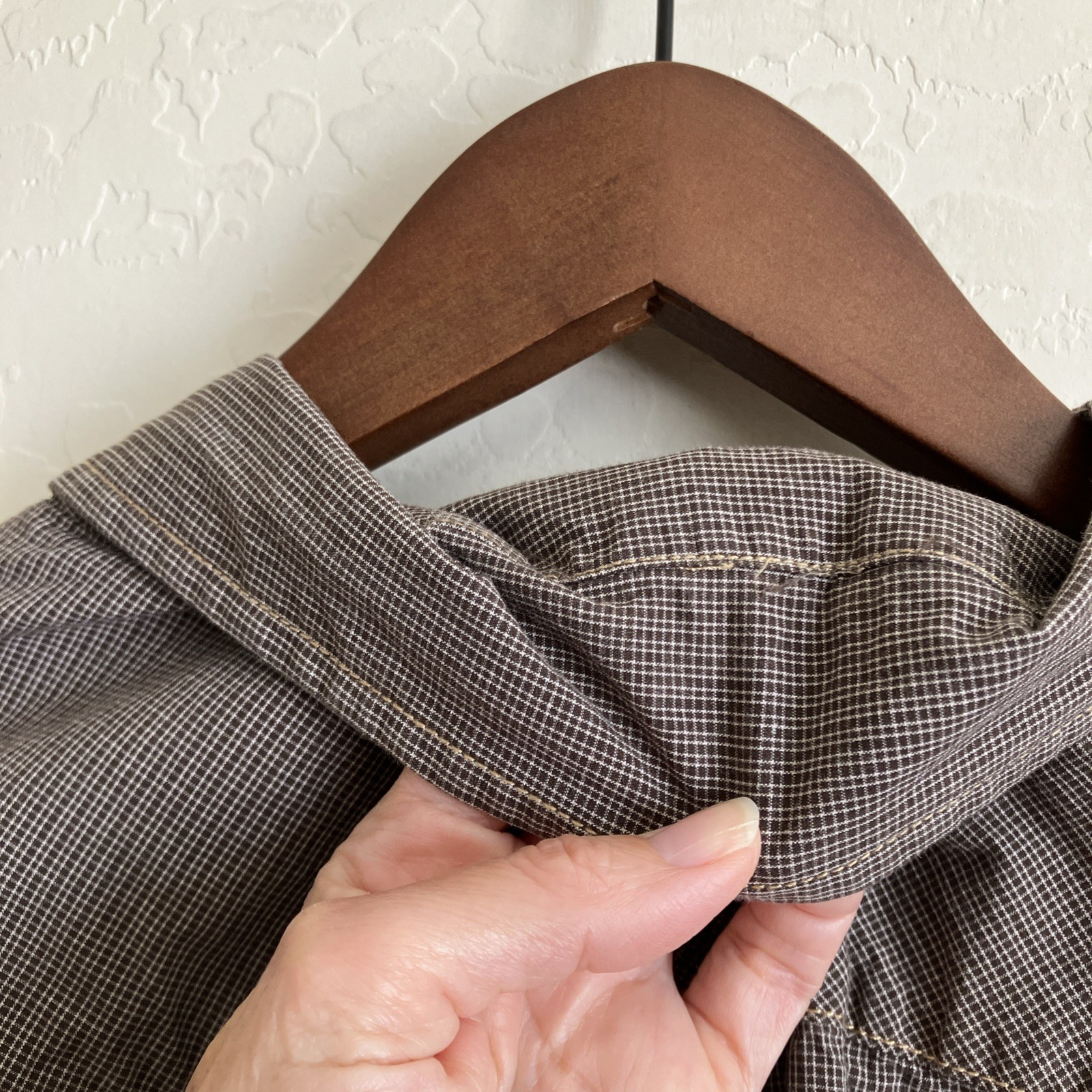 Mens 2X Shirt Brown Micro Plaid Button Up Long Sleeve Cotton Business Casual