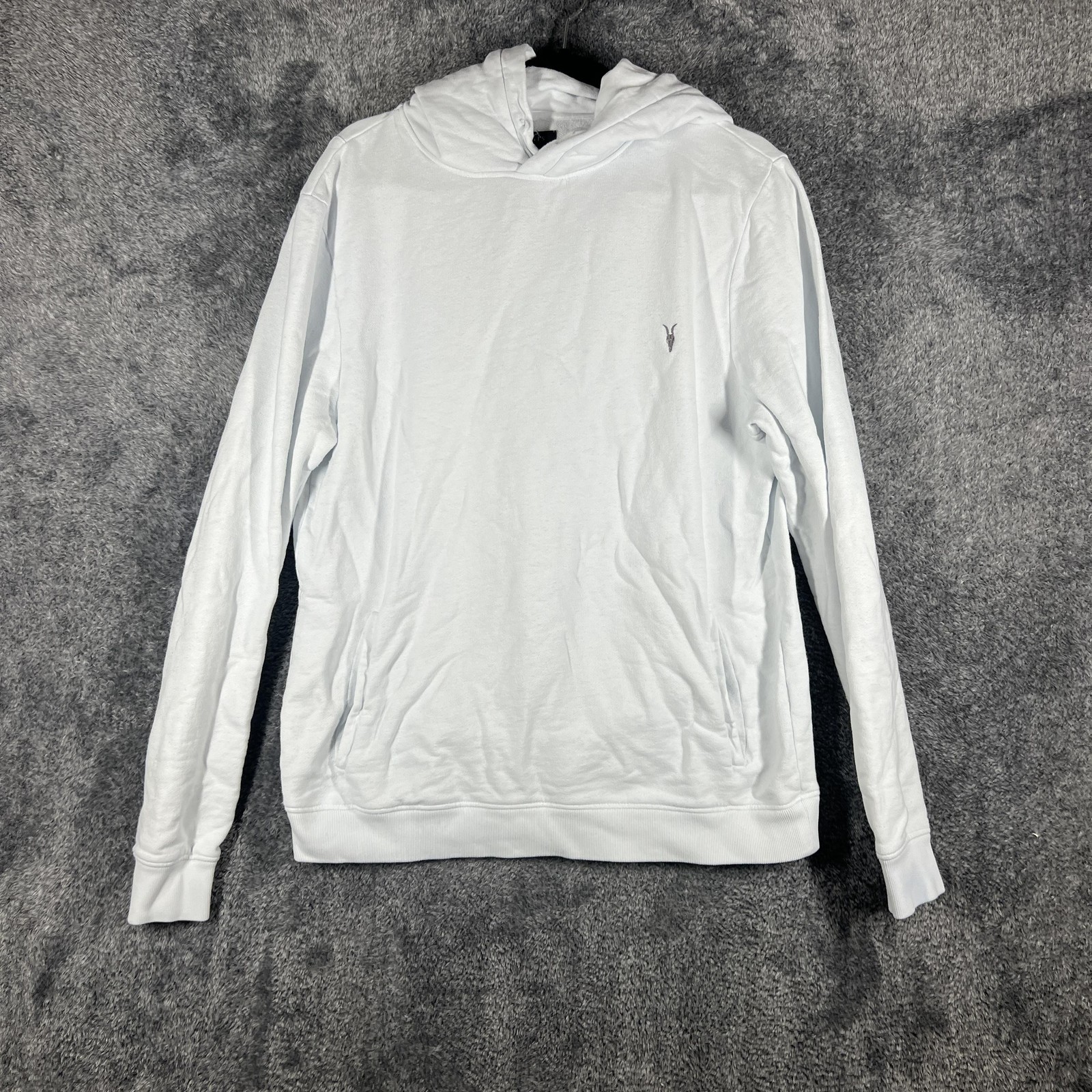 AllSaints Hoodie Mens L White Pullover Fleece Hooded Pockets Embroidered Logo
