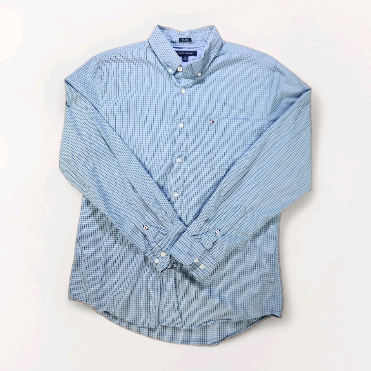 Tommy Hilfiger 80’s 2PLY Button Down Shirt Mens Teal Large Stripes Yellow Navy