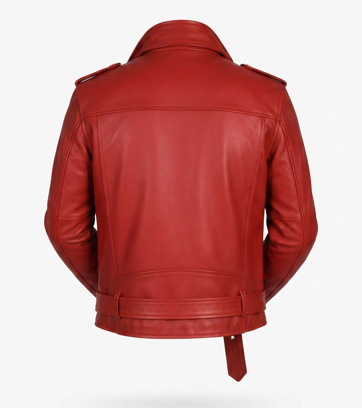 Men Red Genuine Lambskin Leather Biker Jacket Motorcycle Moto Zip Belted Jacket
