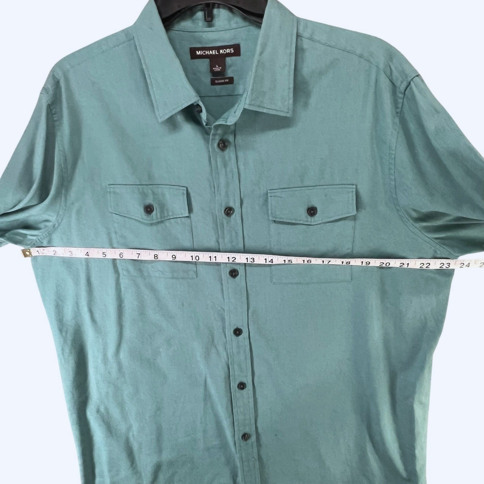 Michael Kors Linen Blend Shirt Green Button Down Roll Tab Classic Fit Coastal L