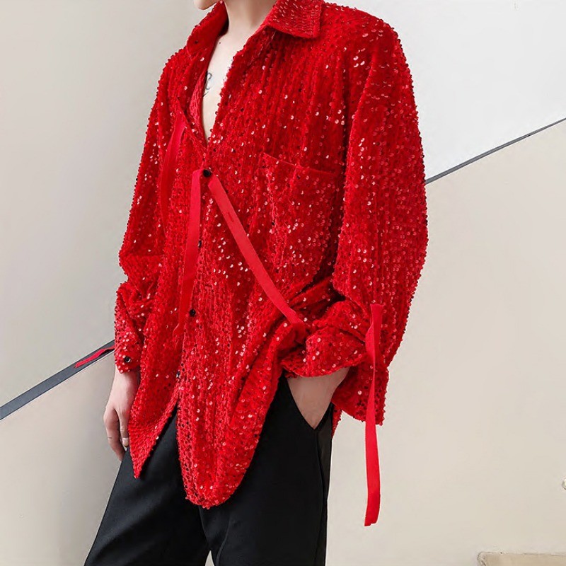 Men Sequined Velvet Button Shirt Long Sleeve Strap Glitter Nightclub Performance