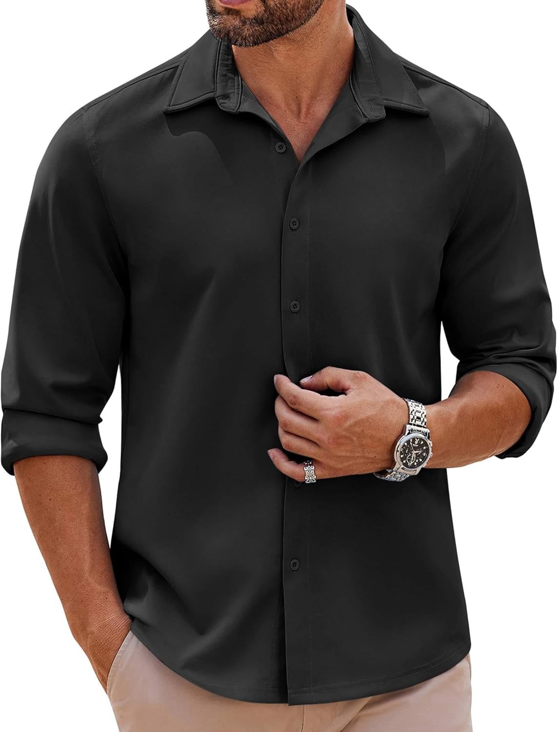Mens Long Sleeve Button Down Shirts Casual Untucked Shirts Stretch Shirts