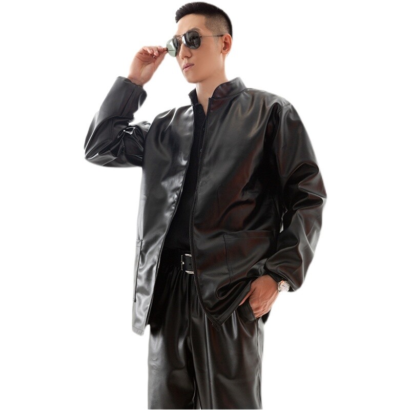 Mens Faux Leather Jacket Trousers Biker Stretch Waterproof Windproof Black