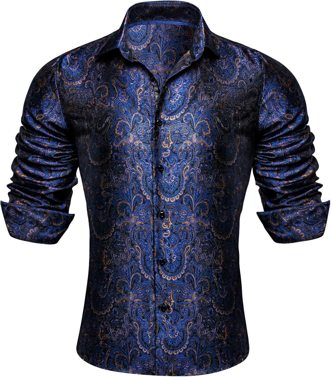 Mens Silk Paisley Western Shirt Long Sleeve Button Down Cowboy Dress Top Casual