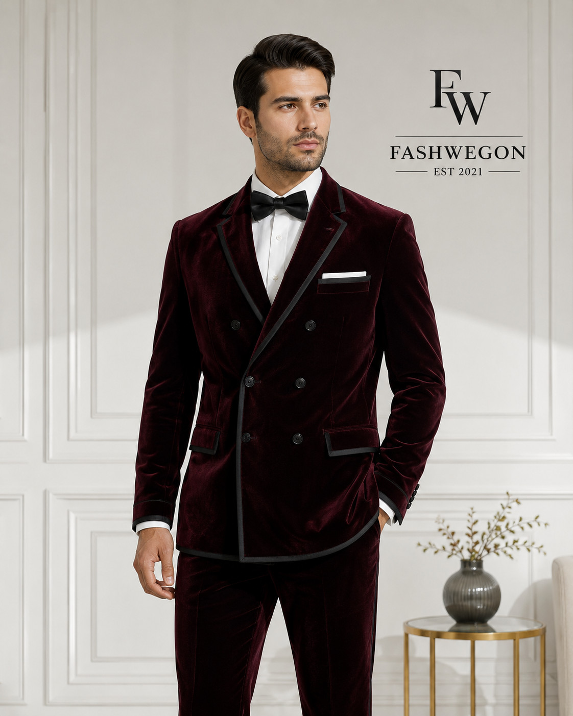 FASHWEGON Men’s Burgundy Velvet Double Breasted Smoking Jacket Tuxedo Blazer