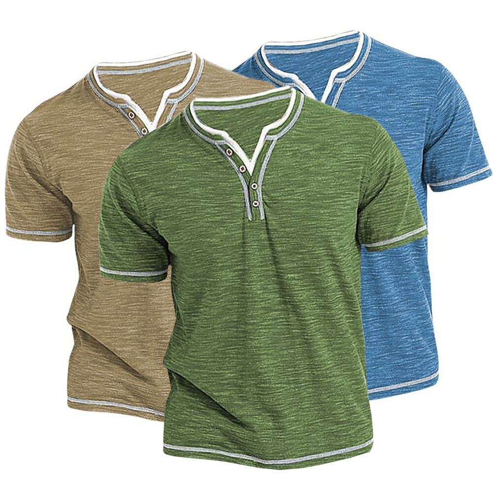 Herren T-Shirt Knopfleiste Vintage Slim V-Ausschnitt Top Hemd Kurzarm Oberteile