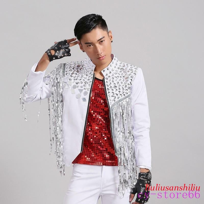Glitter Men’s Sequins Coat Tassels Jackets Rhinestone Blazer Korean Nightclub SZ