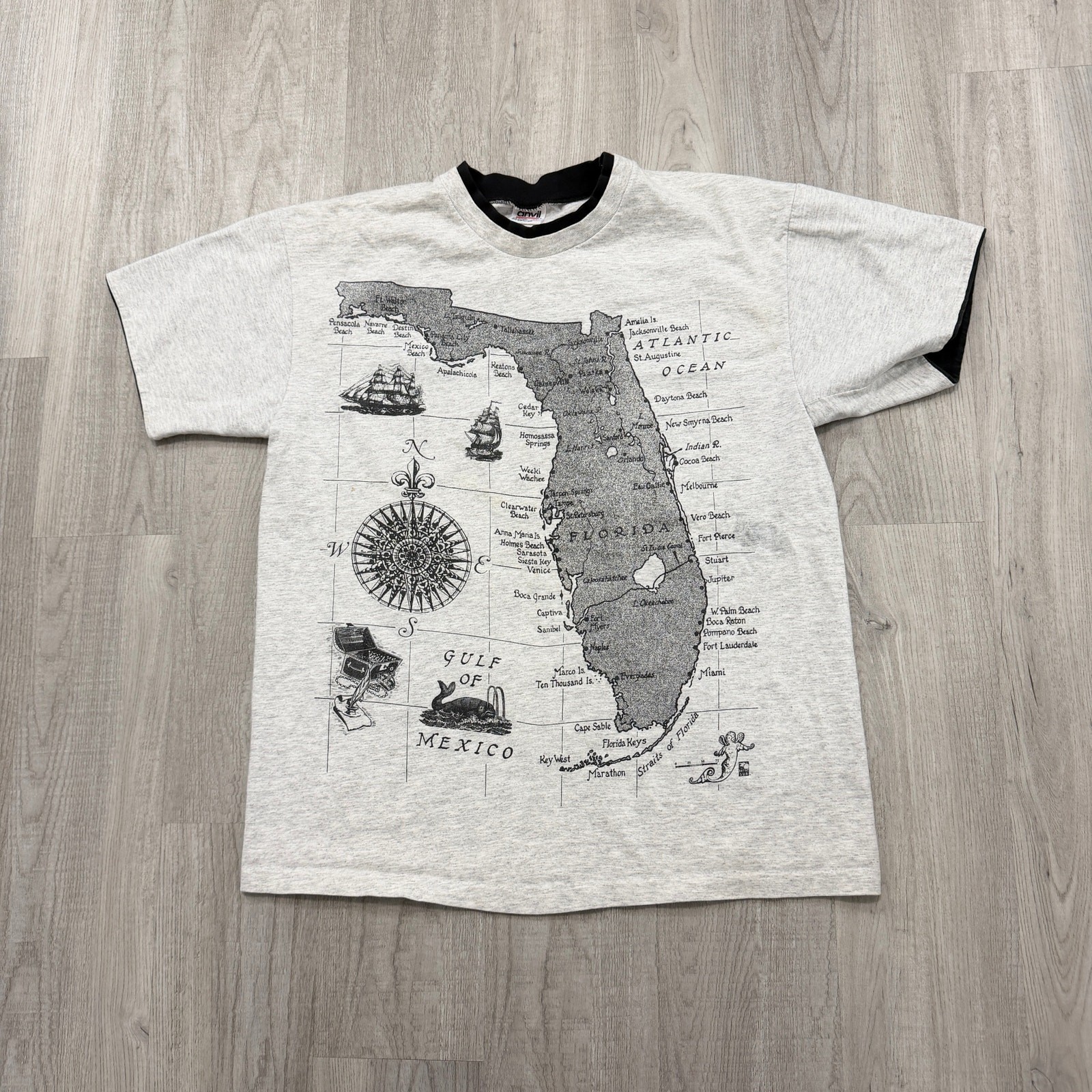Vintage Florida Nautical Map Shirt Men’s Extra Large Gray 90s USA Made Sailing