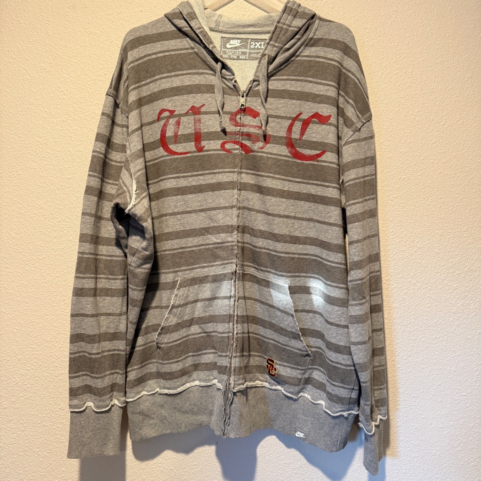 Nike USC Trojans Mens 2XL Full Zip Hoodie Grey Striped Distressed Raw Edge NCAA