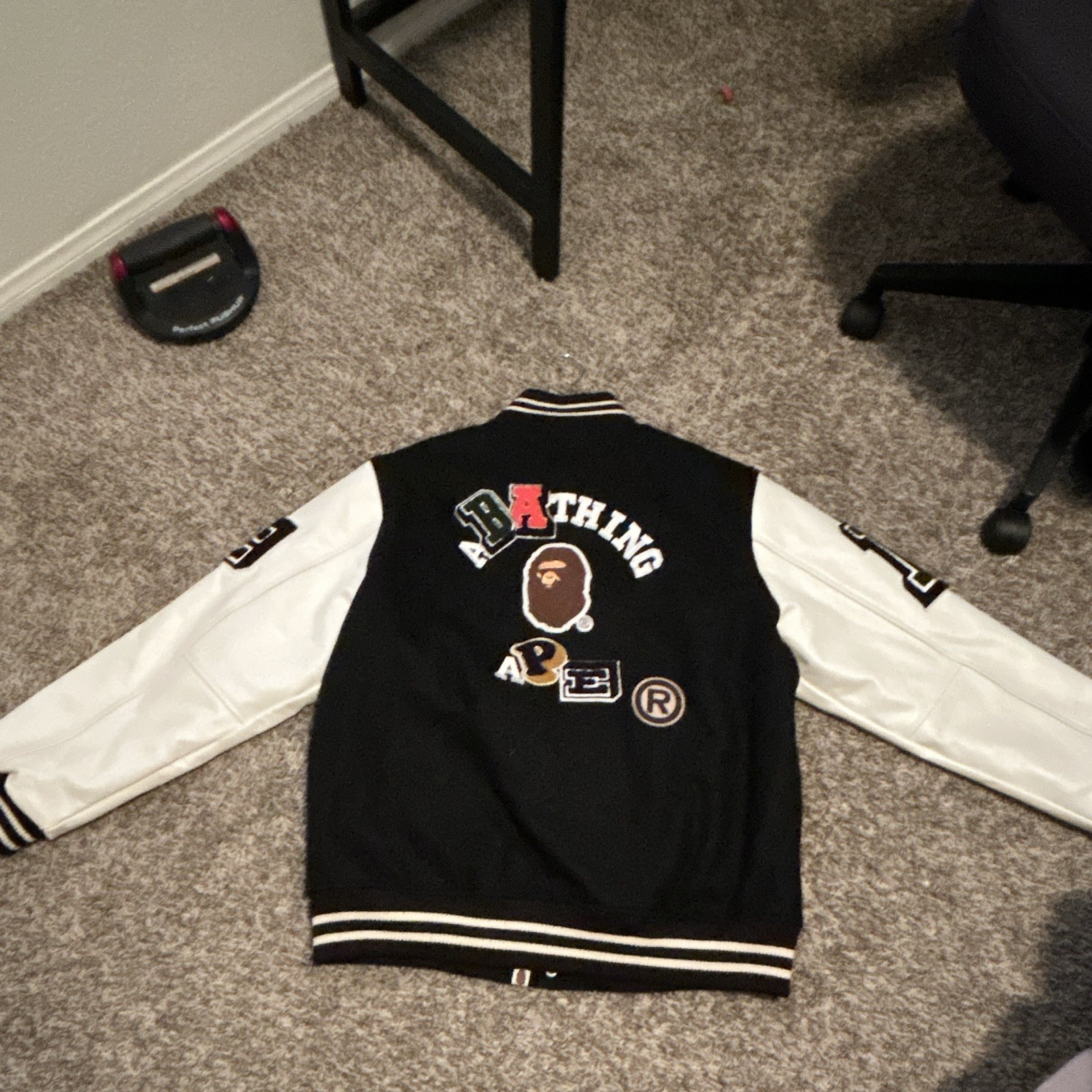 A Bathing Ape BAPE Men’s 2XL Black/White Wool Varsity Jacket Logo Patches