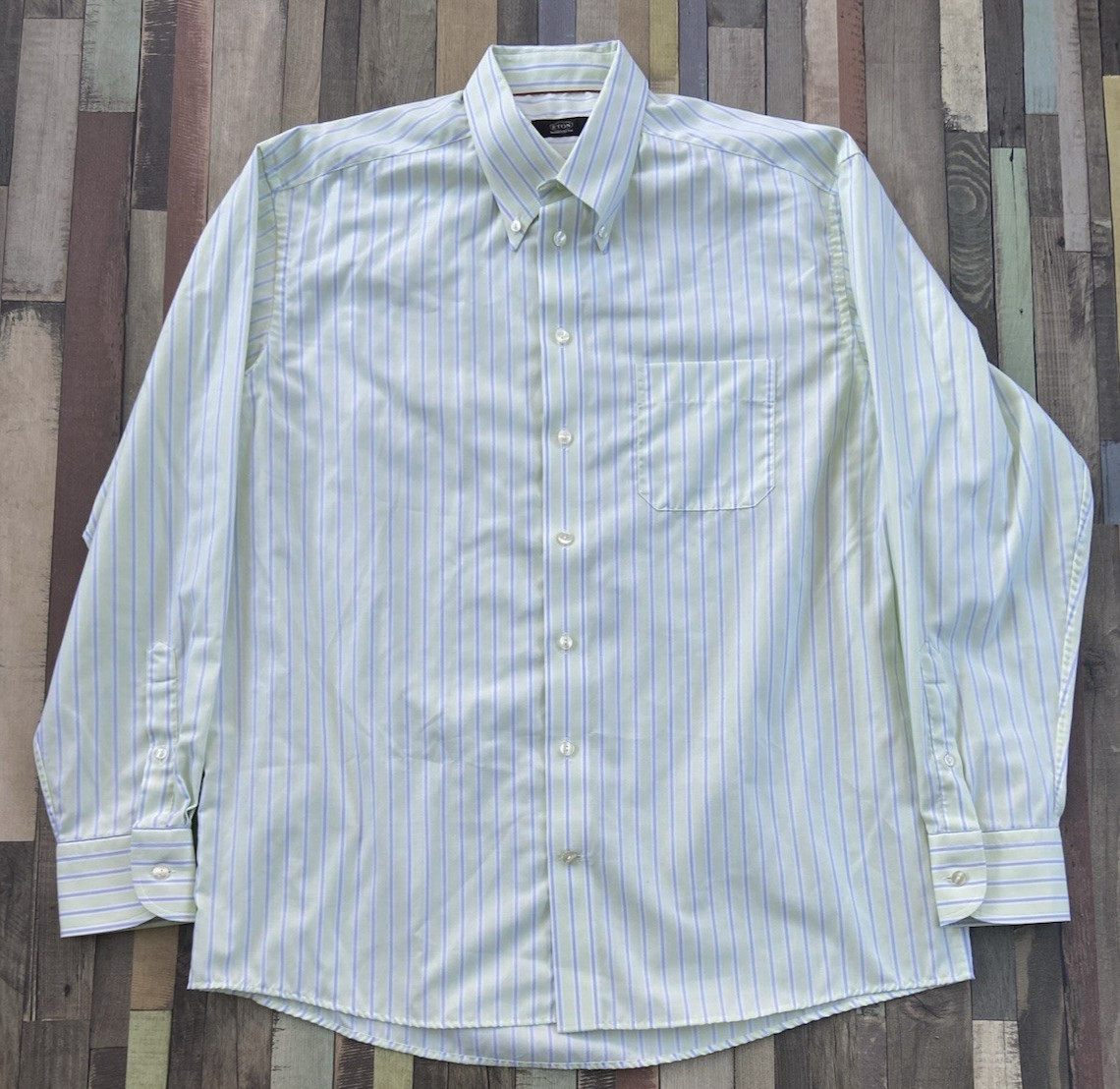 Eton Ganghester 1928 Shirt Mens 17″ 43cm Lime Blue Striped Formal Long Sleeve