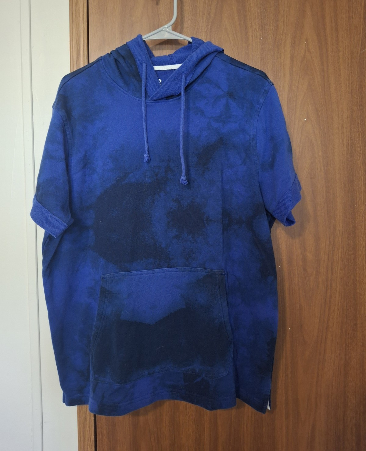 Athletic Works Mens Tie-Dye Short Sleeve Pullover Hoodie Pockets Blue Black L