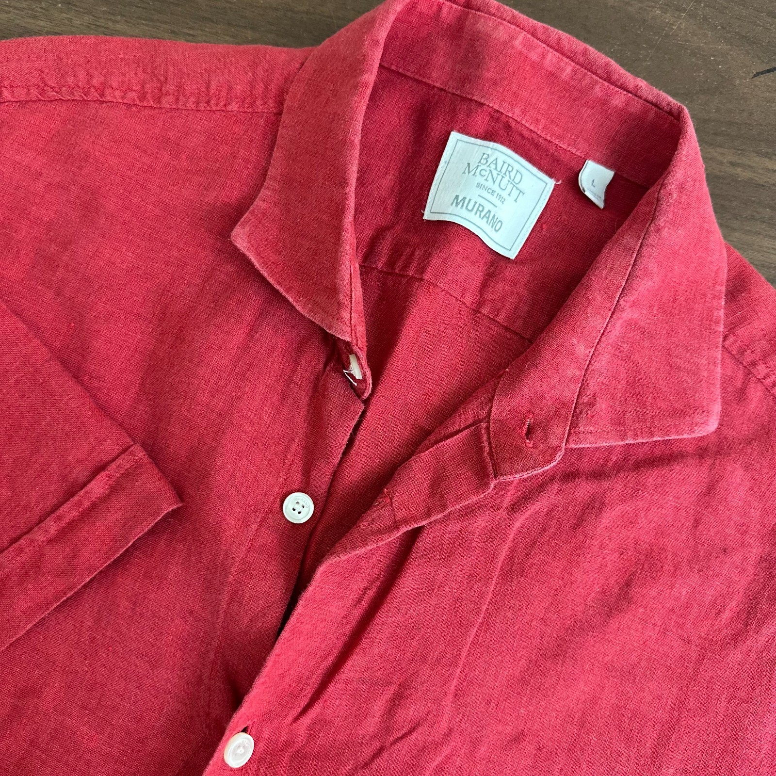 Murano Baird Mcnutt Linen Cutaway Shirt Red Short Sleeve Button Up Mens L Read