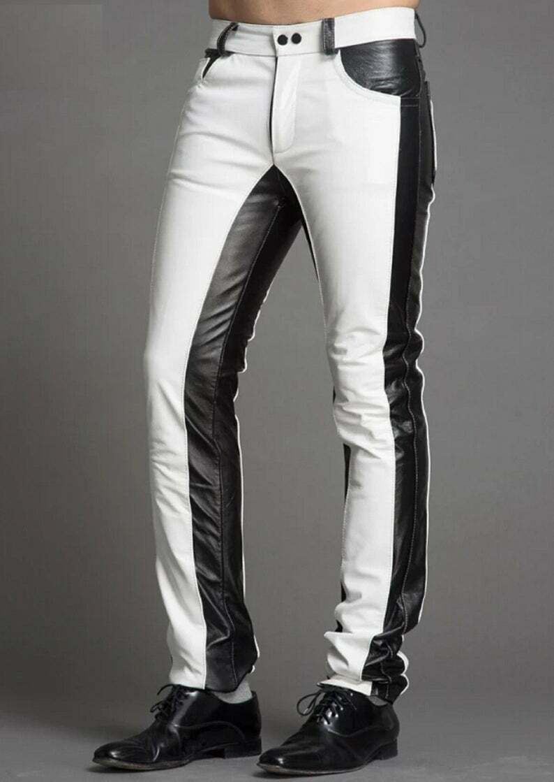 Men’s Real Leather Bikers 5 Pockets Jeans Pants White & Black Leather Pants