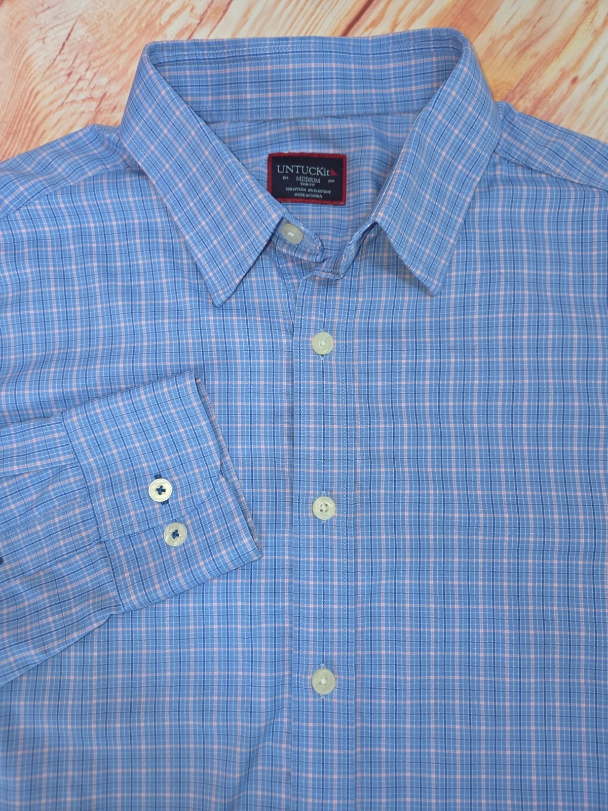 Untuckit Mens Medium Slim Fit Blue Plaid Performance Shirt Nylon Blend