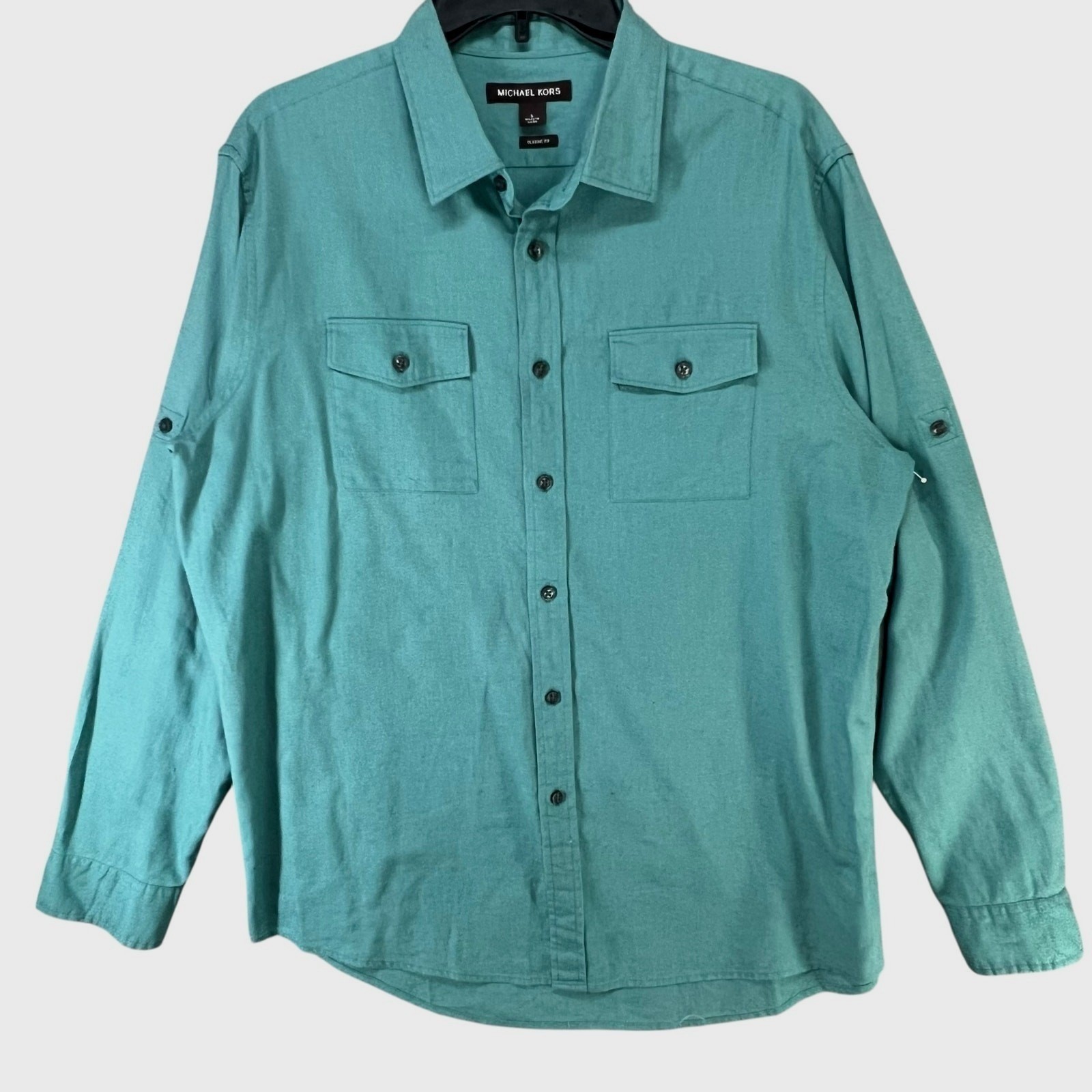 Michael Kors Linen Blend Shirt Green Button Down Roll Tab Classic Fit Coastal L