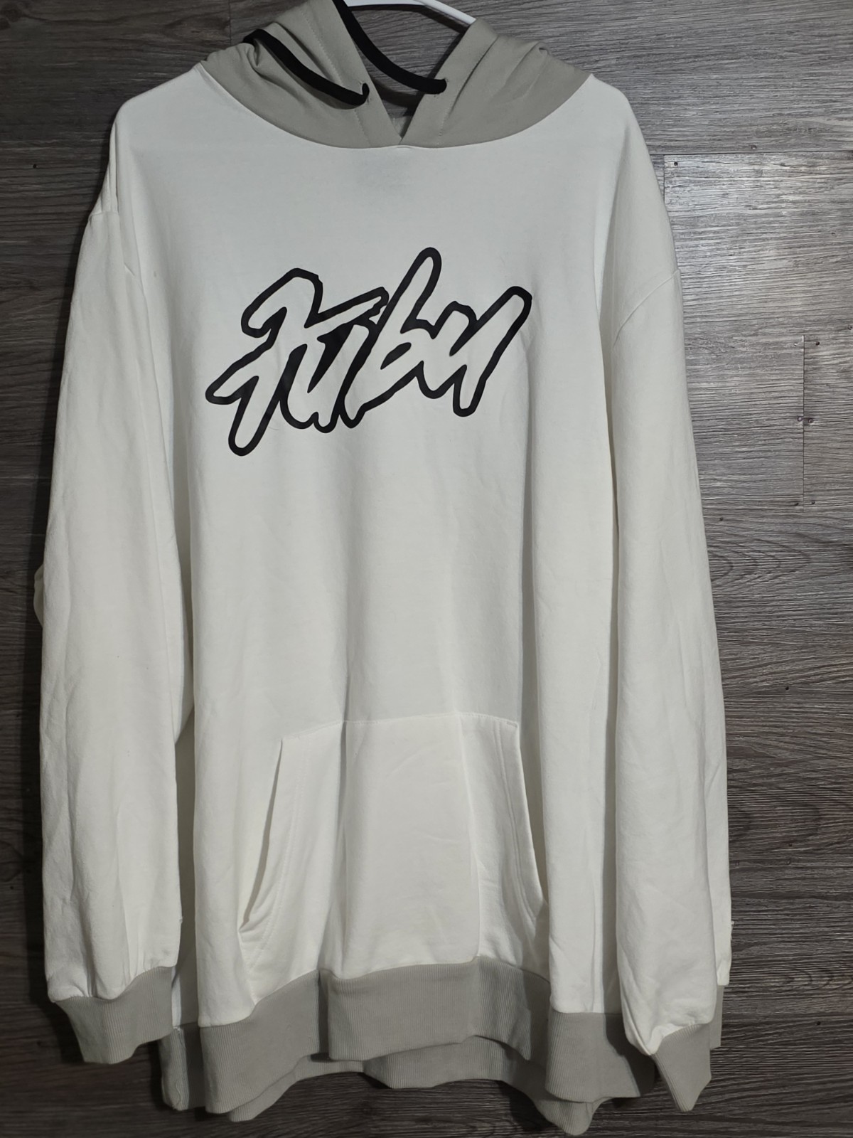 FUBU Hoodie Mens 3XL White Gray Script Logo Hip Hop Pullover Sweatshirt