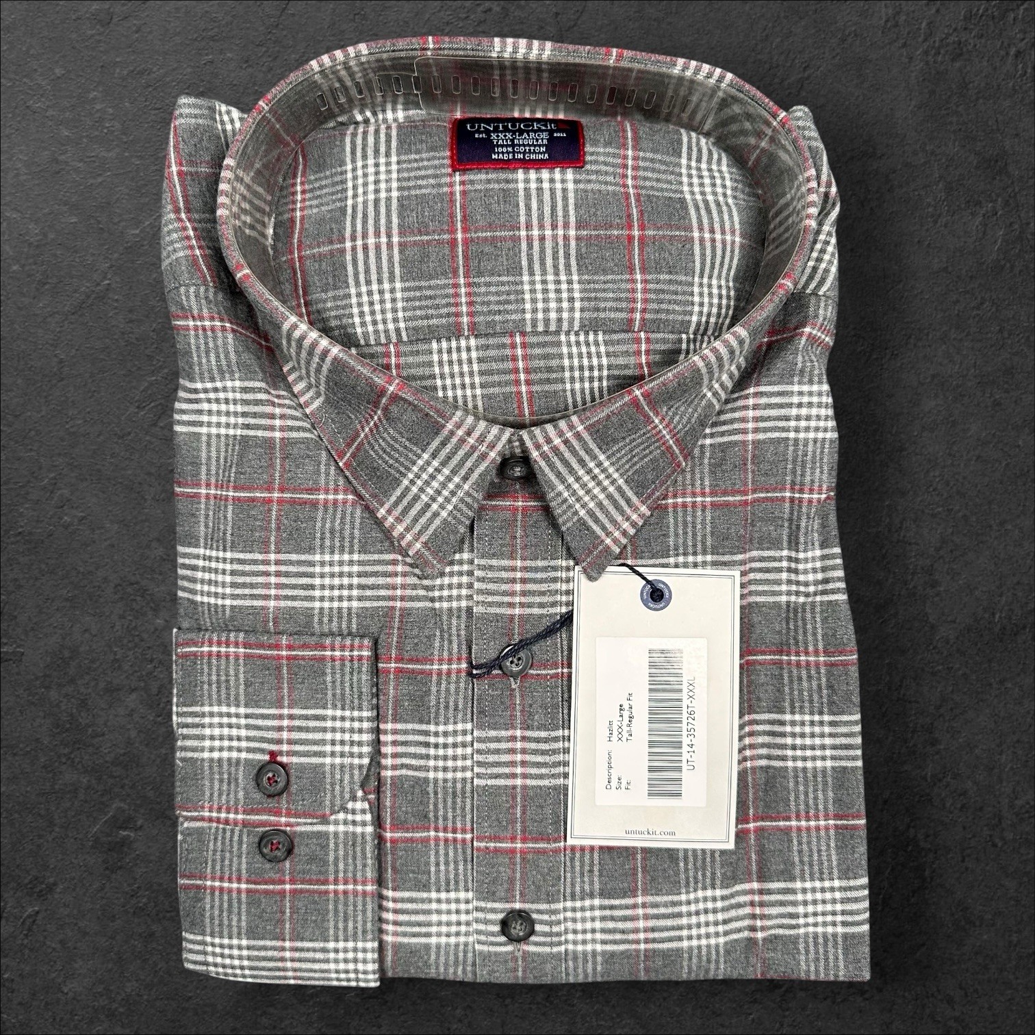 UNTUCKit Shirt Men’s 3XLT Hazlitt Gray Red Plaid Long Sleeves Button Up Cotton